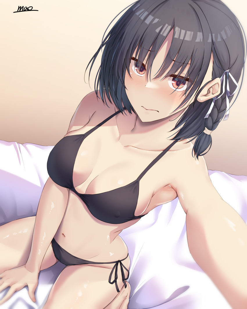 absurdres artist_name bikini black_bikini black_hair blush braid breasts breasts_apart closed_mouth collarbone commentary_request covered_nipples embarrassed female hair_between_eyes highres horikita_suzune indoors looking_at_viewer m.a.o medium_breasts navel on_bed red_eyes red_ribbon ribbon selfie short_hair side-tie_bikini_bottom sitting solo swimsuit wariza white_ribbon youkoso_jitsuryoku_shijou_shugi_no_kyoushitsu_e