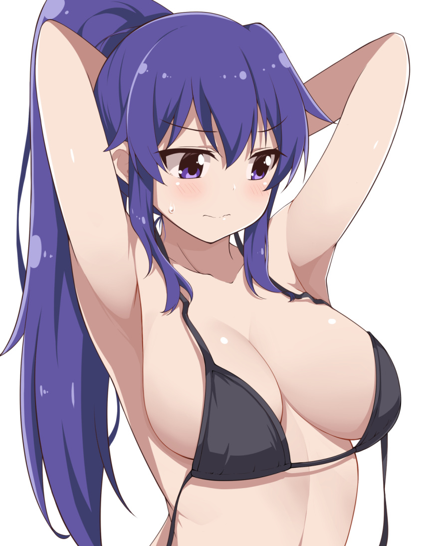 3: armpits arms_behind_head bare_arms bikini black_bikini blush breasts cleavage closed_mouth collarbone commentary_request dou-t embarrassed female hair_between_eyes halterneck highres large_breasts long_hair looking_to_the_side oshimoto_yuri ponytail purple_eyes purple_hair sidelocks simple_background solo split_mouth sweatdrop swimsuit teekyuu tsurime undone_bikini upper_body v-shaped_eyebrows very_long_hair white_background