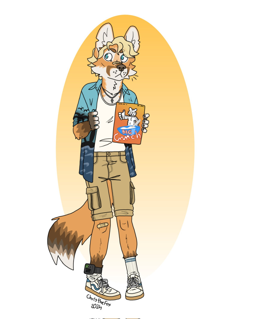 anthro bartek22 blonde_hair blue_eyes canid canine cereal cereal_box clothing ears_up food footwear fox fur hair hi_res holding_object jewelry kleptomaniac male mammal necklace orange_body orange_fur shoes shoplifting socks solo tail thief white_body white_fur yuri_the_fox