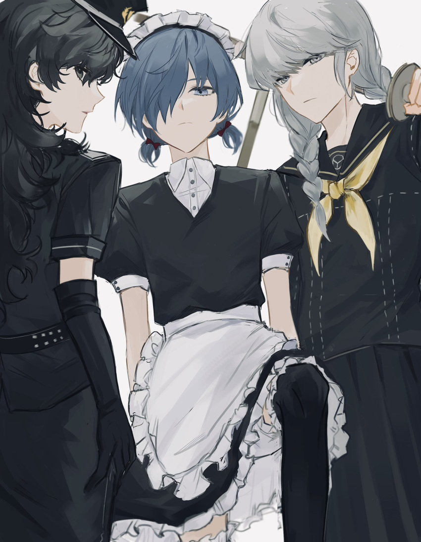 3boys alternate_costume amamiya_ren apron black_dress black_gloves black_hat black_thighhighs blue_eyes blue_hair braid closed_mouth crossdressing dress elbow_gloves enmaided gloves hair_between_eyes hair_over_one_eye hat highres holding holding_weapon leg_up long_hair long_sleeves maid maid_headdress mnce_o multiple_boys narukami_yuu neckerchief otoko_no_ko over_shoulder persona persona_3 persona_3:_dancing_moon_night persona_4 persona_5 persona_5:_dancing_star_night persona_dancing sailor_collar school_uniform serafuku short_sleeves short_twintails simple_background thighhighs twin_braids twintails weapon weapon_over_shoulder white_apron white_background yasogami_school_uniform yellow_neckerchief yuuki_makoto_(persona_3)