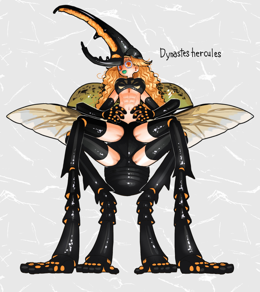 abs absurdres arthropod_girl arthropod_limbs beetle_girl blonde_hair breasts commentary_request female full_body grey_background hercules_beetle highres insect_wings long_hair looking_at_viewer medium_breasts monster_girl muscular muscular_female nicoq_(koikoihaihai) orange_eyes original simple_background solo wings