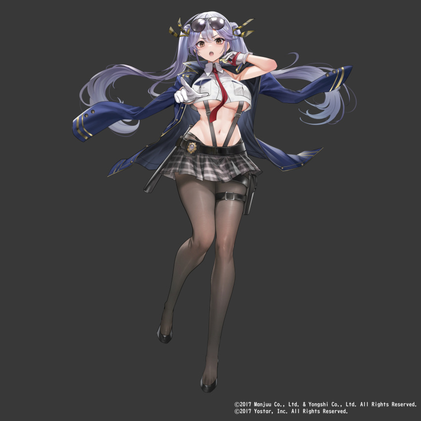 :o azur_lane black_background black_footwear black_pantyhose black_skirt blue_hair blue_jacket breasts brown_eyes commentary_request essex_(azur_lane) eyewear_on_head female full_body gloves highres jacket jacket_on_shoulders large_breasts long_hair looking_at_viewer merchandise_available miniskirt navel official_art open_clothes open_jacket open_mouth pantyhose plaid_clothes plaid_skirt pointing pointing_at_viewer police_badge simple_background skirt solo sunglasses teddy_(khanshin) thighs twintails white_gloves