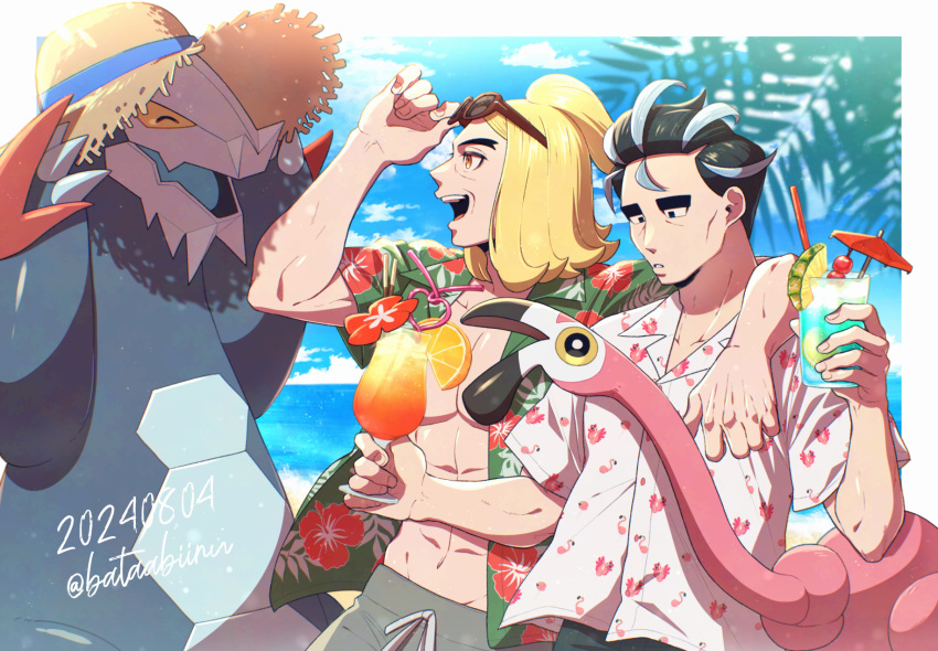 2boys abs adjusting_eyewear arm_on_another's_shoulder batabiru baxcalibur beach black_hair blonde_hair cloud cup dated drinking_straw eyewear_on_head flamigo flower green_shirt grey_hair hassel_(pokemon) hat hawaiian_shirt highres holding holding_cup larry_(pokemon) male_focus male_swimwear mature_male medium_hair multicolored_hair multiple_boys ocean open_clothes open_mouth open_shirt orange_eyes palm_tree parted_lips pectorals pokemon pokemon_(creature) pokemon_sv print_shirt shirt short_hair sky smile straw_hat streaked_hair swim_trunks thick_eyebrows tree twitter_username two-tone_hair white_shirt