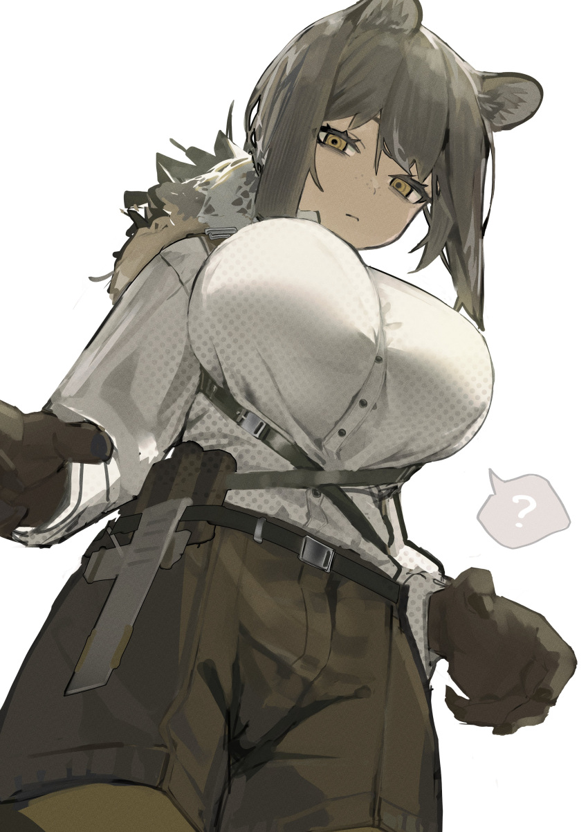 ? absurdres animal_ears arknights breasts brown_footwear brown_gloves brown_hair buttons commentary cowboy_shot english_commentary female framed_breasts freckles from_below gloves highres huge_breasts long_sleeves looking_down raccoon_ears robin_(arknights) shirt short_hair shorts so_ki_chi solo spoken_question_mark white_shirt yellow_eyes