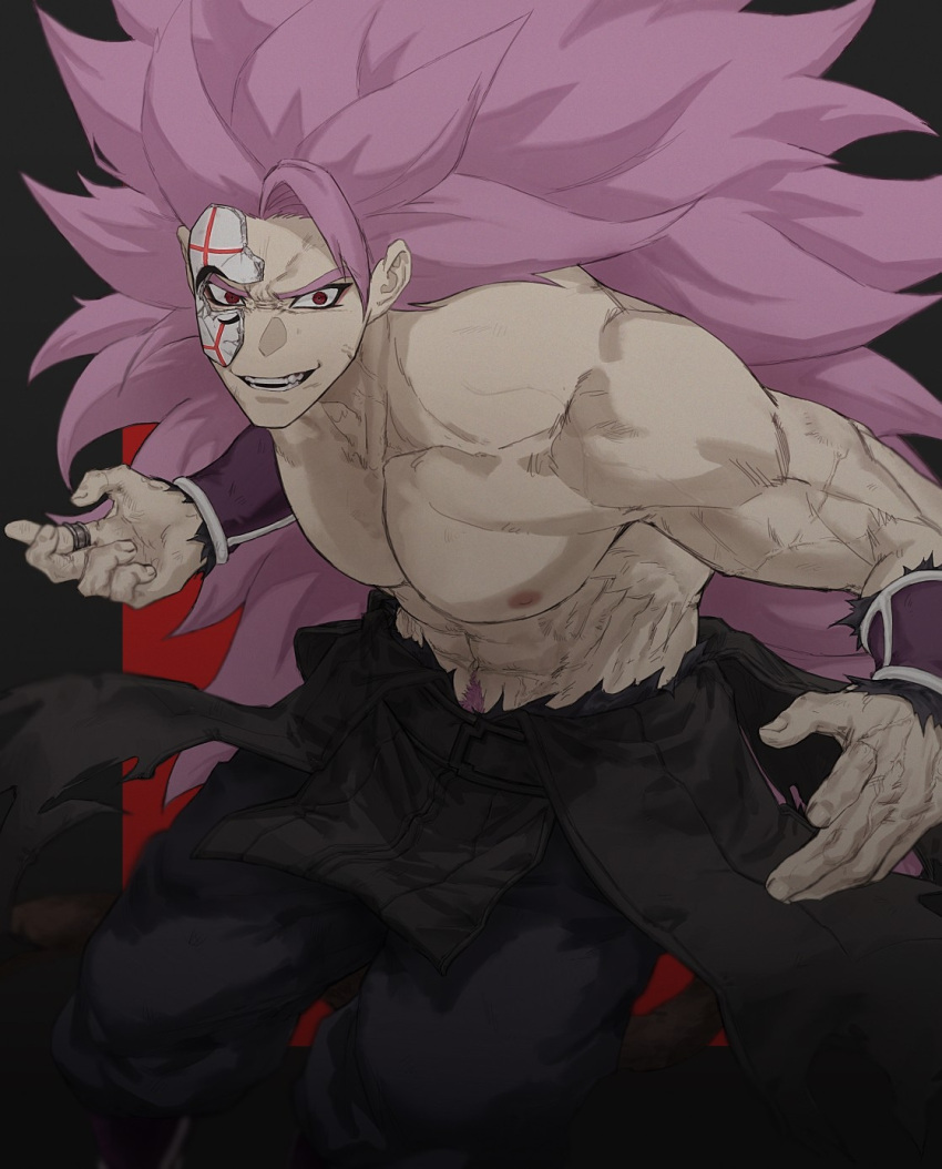 1boy bare_pectorals black_pants body_hair bracer broken_mask crimson-masked_saiyan dragon_ball dragon_ball_heroes goku_black grin hashtag-only_commentary highres leo_(reo_or_kuroryuu) long_hair looking_to_the_side male_focus mask muscular muscular_male official_alternate_costume open_mouth pants pectorals pink_hair red_eyes silver_ring single_bang smile spiked_hair super_saiyan super_saiyan_rose super_saiyan_rose_full_power teeth time_breaker_mask topless_male torn_clothes torn_pants very_long_hair