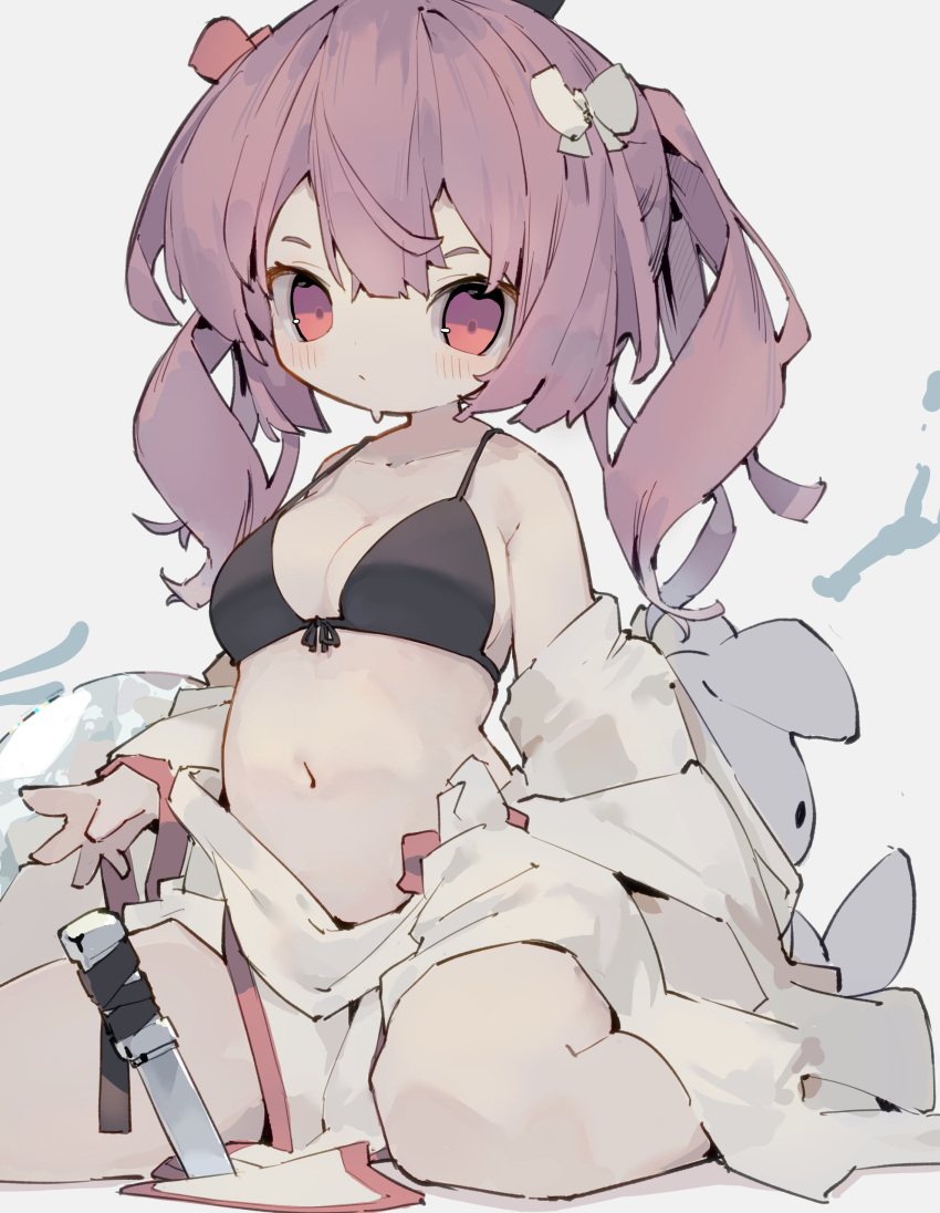 absurdres black_bra blush bow bra breasts cleavage female hair_between_eyes hairbow highres knife long_hair looking_at_viewer multicolored_eyes navel nep_(nep_76) original pink_eyes pink_hair purple_eyes ribbon_hair seiza simple_background sitting solo underwear white_background