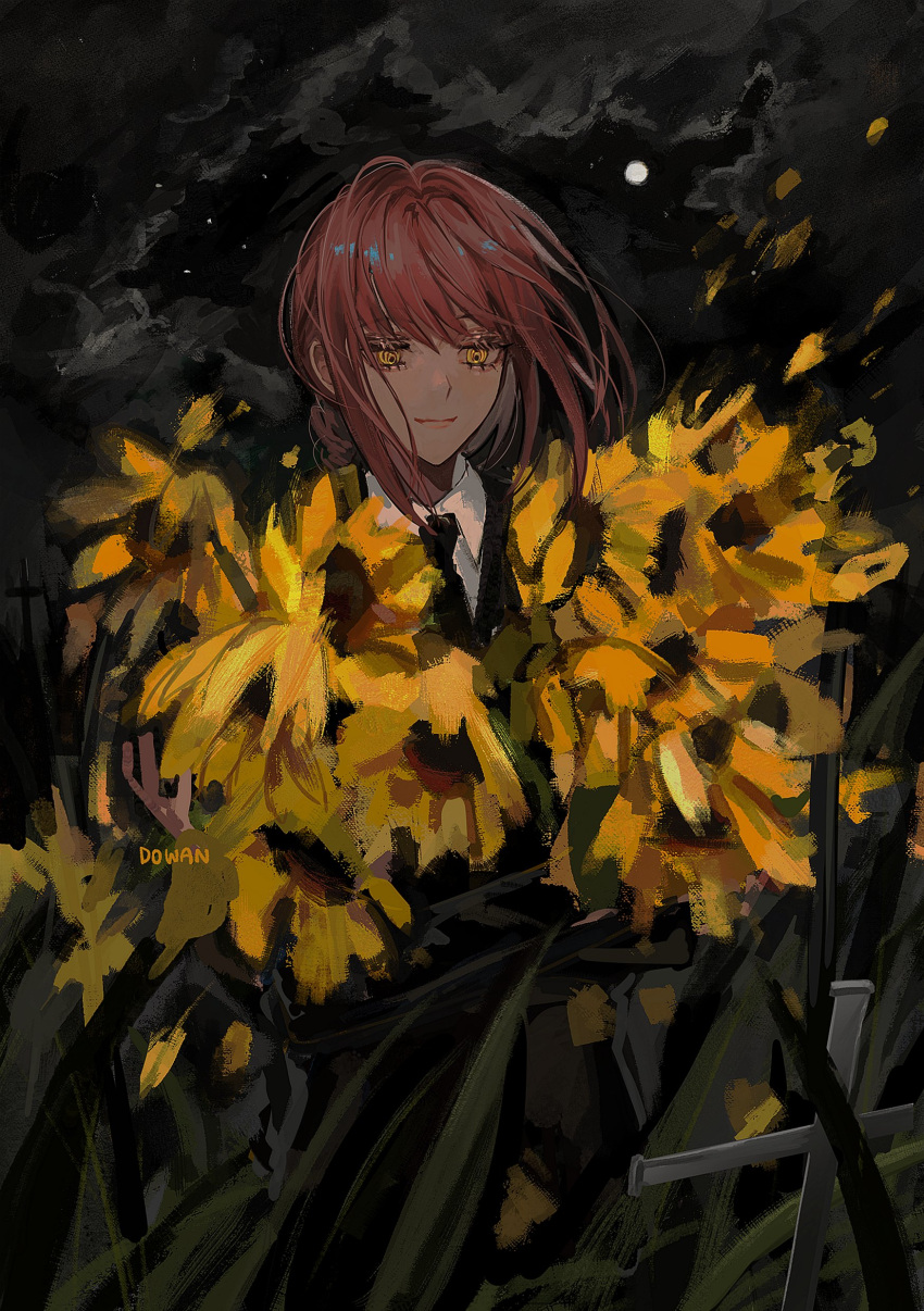 absurdres artist_name bad_id bad_twitter_id black_necktie black_suit chainsaw_man cloud dowan_n female flower formal grass grassy highres holding holding_flower korean_commentary long_hair looking_down makima_(chainsaw_man) moon necktie night red_hair ringed_eyes solo suit sunflower yellow_eyes yellow_flower