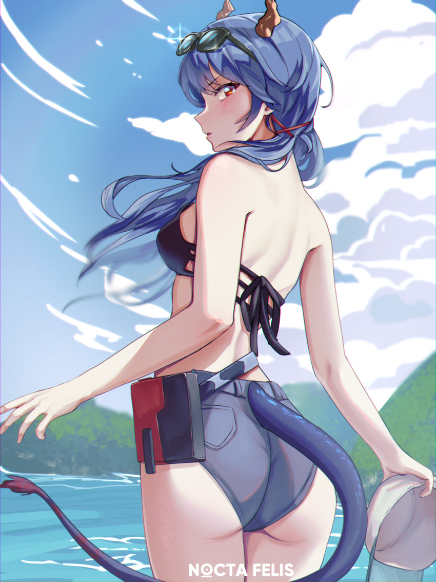 arknights ass bare_arms bare_back bare_shoulders blue_hair blue_shorts blue_sky ch'en_(arknights) ch'en_the_holungday_(arknights) cloud commentary_request cowboy_shot day dragon_horns dragon_tail eyewear_on_head female hat highres holding holding_clothes holding_hat horns long_hair looking_at_viewer nocta_felis outdoors red_eyes short_shorts shorts sky solo standing sunglasses tail thighs unworn_hat unworn_headwear