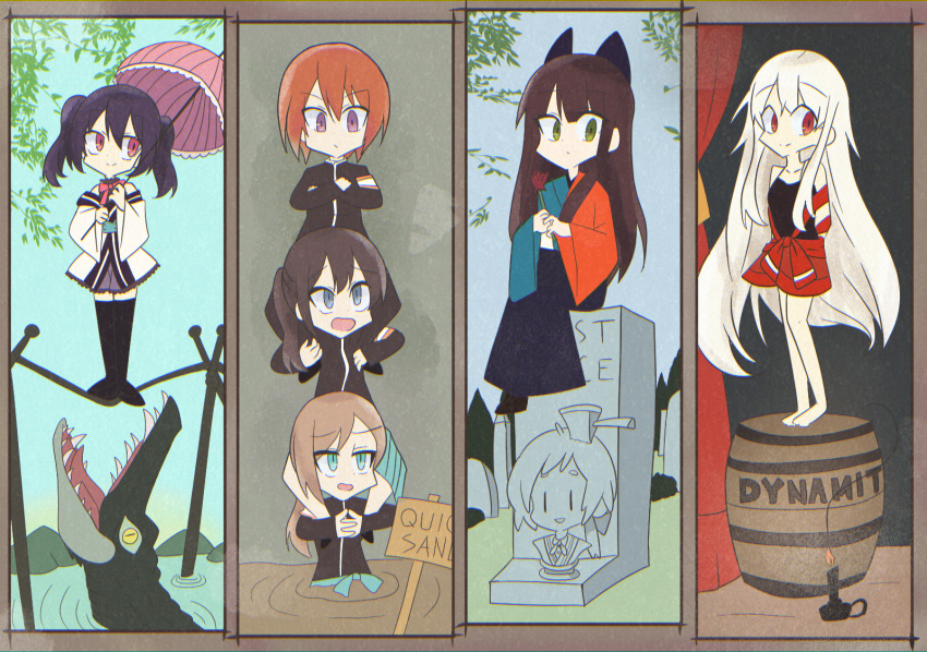 6+girls bare_arms bare_shoulders barefoot black_hair black_jacket black_pants black_shirt black_skirt black_tank_top boots bow bowtie brown_hair character_request chiya_(urara_meirochou) crocodile crocodilian flower full_body graveyard highres holding holding_flower holding_umbrella iroi_saku jacket japanese_clothes kimono long_hair long_skirt long_sleeves medium_hair multiple_girls natsume_nono on_shoulder pants red_bow red_bowtie red_hair red_shorts shirt short_hair shorts si_ki_so skirt smile tank_top tatsumi_kon tombstone twintails umbrella urara_meirochou very_long_hair yukimi_koume