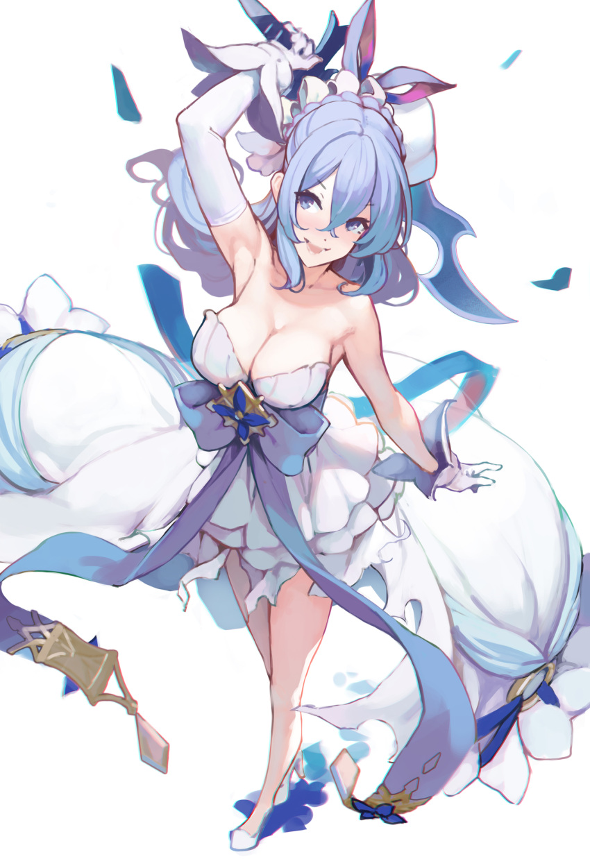 :d arm_up armpits ataruman bare_legs bare_shoulders blue_eyes blue_hair braid breasts cleavage commentary_request crown_braid elbow_gloves female full_body gloves granblue_fantasy hair_between_eyes highres large_breasts looking_at_viewer open_mouth simple_background single_elbow_glove smile solo sword therese_(granblue_fantasy) weapon white_background white_gloves