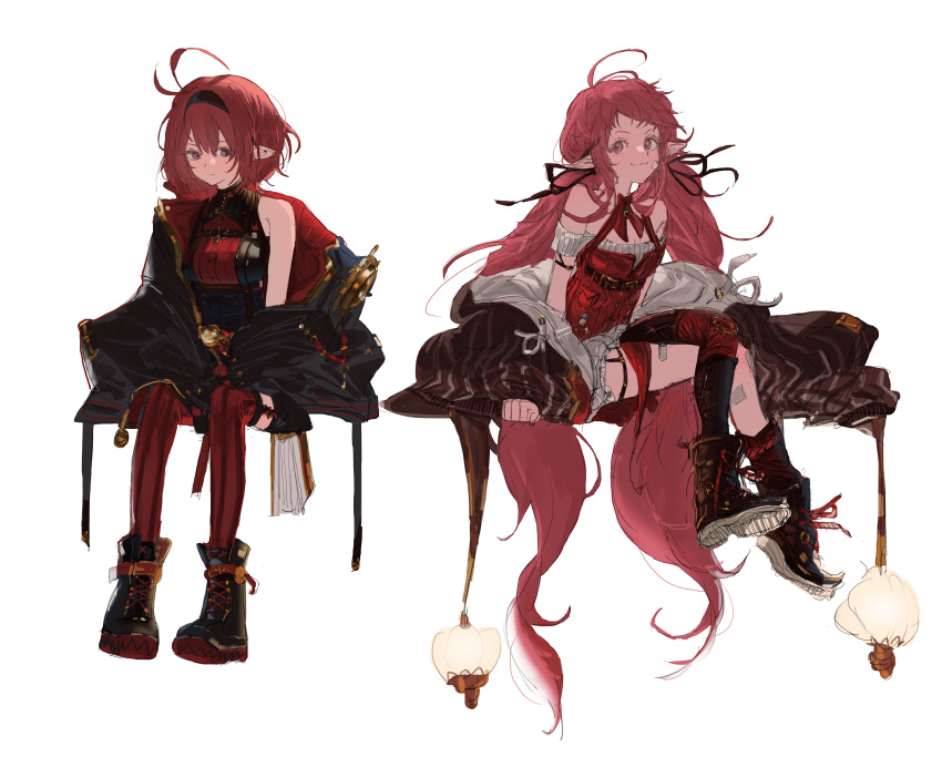 2girls absurdres ahoge asymmetrical_legwear bad_id bad_pixiv_id bandage_on_face bandages bare_shoulders black_footwear black_jacket breasts closed_mouth commentary dungeon_and_fighter female_mage_(dungeon_and_fighter) highres hw jacket jacket_on_shoulders long_hair mage_(dungeon_and_fighter) multiple_girls pointy_ears red_hair red_legwear short_hair simple_background sitting small_breasts smile summoner_(dungeon_and_fighter) symbol-only_commentary thigh_strap thighhighs twintails very_long_hair white_background witch_(dungeon_and_fighter)