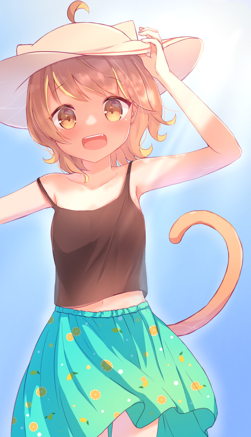 :d absurdres ahoge animal_ears annin_miru bare_shoulders blonde_hair bloom blue_background blue_skirt blush brown_tank_top cowboy_shot day female hand_on_headwear hat highres lemon_print light_rays looking_at_viewer maka_neko open_mouth outdoors short_hair skirt smile solo standing strap_slip sunlight swept_bangs tail tank_top virtual_youtuber white_hat yahoo! yellow_eyes