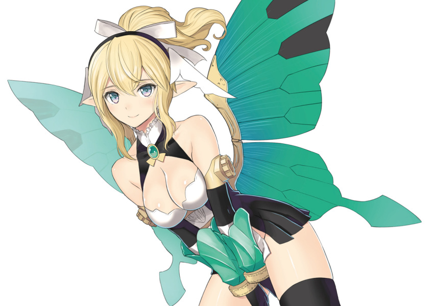 bare_shoulders blonde_hair blush bow breasts cleavage closed_mouth clothing_cutout commentary_request dress elbow_gloves fairy_knight_princess_elfina female gloves guilty_princess hairbow long_hair looking_at_viewer max_factory mechanical_wings medium_breasts pointy_ears ponytail shiny_skin short_dress sidelocks simple_background sleeveless smile solo thighhighs tony_taka wings