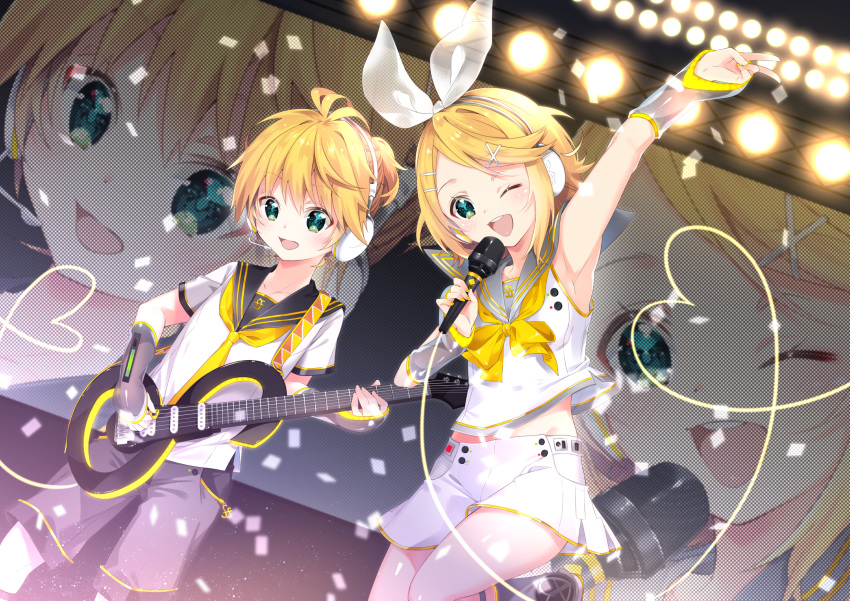 arami_o_8 blonde_hair green_eyes guitar instrument kagamine_len kagamine_rin microphone vocaloid wink