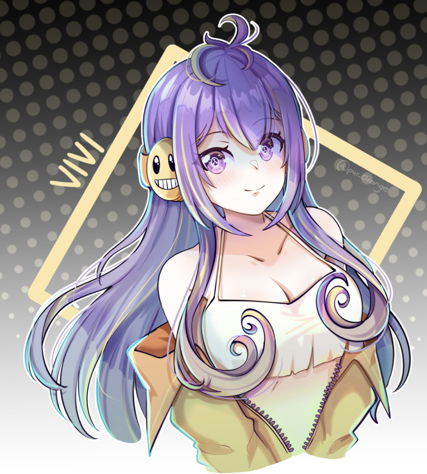 bare_shoulders breasts cleavage female highres indie_virtual_youtuber long_hair pur_orange purple_eyes purple_hair solo stomach tank_top virtual_youtuber vividly_vivi white_tank_top