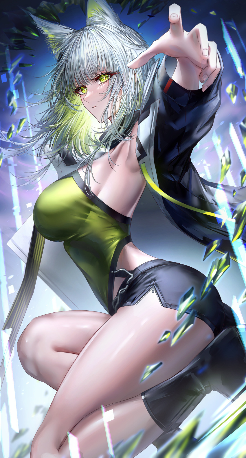 absurdres akqne animal_ears arknights arm_up armpits ass bare_legs black_footwear black_jacket boots breasts cat_ears closed_mouth commentary crystal female from_side gradient_hair green_eyes green_hair grey_hair highres jacket kal'tsit_(arknights) kal'tsit_(remnant)_(arknights) knee_boots knee_up large_breasts long_hair long_sleeves looking_at_viewer looking_to_the_side mixed-language_commentary multicolored_hair official_alternate_costume open_clothes open_jacket outstretched_arm short_shorts shorts solo