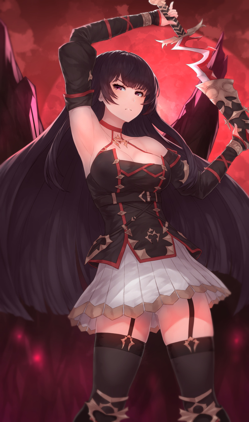 >:( absurdres angry armpits arms_up ass_visible_through_thighs bad_id bad_pixiv_id black_hair black_thighhighs blunt_bangs blush breasts cleavage collarbone detached_sleeves eyelashes female garter_straps halterneck highres holding holding_sword holding_weapon impossible_clothes impossible_shirt king's_raid large_breasts long_hair long_sleeves looking_at_viewer miniskirt purple_eyes scowl seria_(king's_raid) sheath shirt skirt sleeveless solo straight_hair sword thighhighs unsheathing v-shaped_eyebrows weapon white_skirt yu_mochi_(kamiinu) zettai_ryouiki