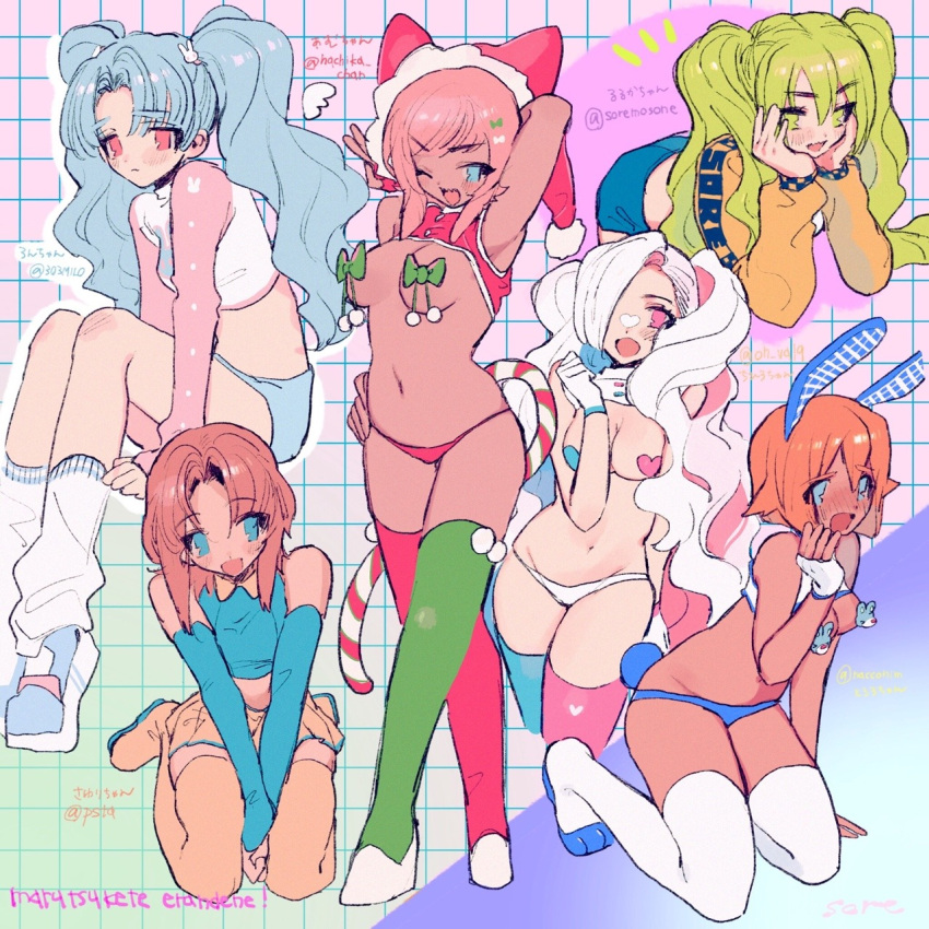 6+girls animal_ears aqua_eyes arm_behind_head armpits asymmetrical_legwear bangs blonde_hair blue_eyes blue_legwear blue_panties blue_shorts blush brown_hair brown_shorts cleavage_cutout clothing_cutout eyebrows_visible_through_hair gloves green_eyes green_legwear grey_hair hair_over_one_eye hand_on_hip hand_up hat highres long_hair medium_hair midriff multiple_girls navel one_eye_closed open_mouth original panties parted_bangs pasties pink_eyes pink_hair pink_legwear rabbit_ears red_legwear red_panties santa_hat short_hair shorts socks soreeyu_(sore-yu) thighhighs twintails underwear very_long_hair white_gloves white_hair white_legwear white_panties