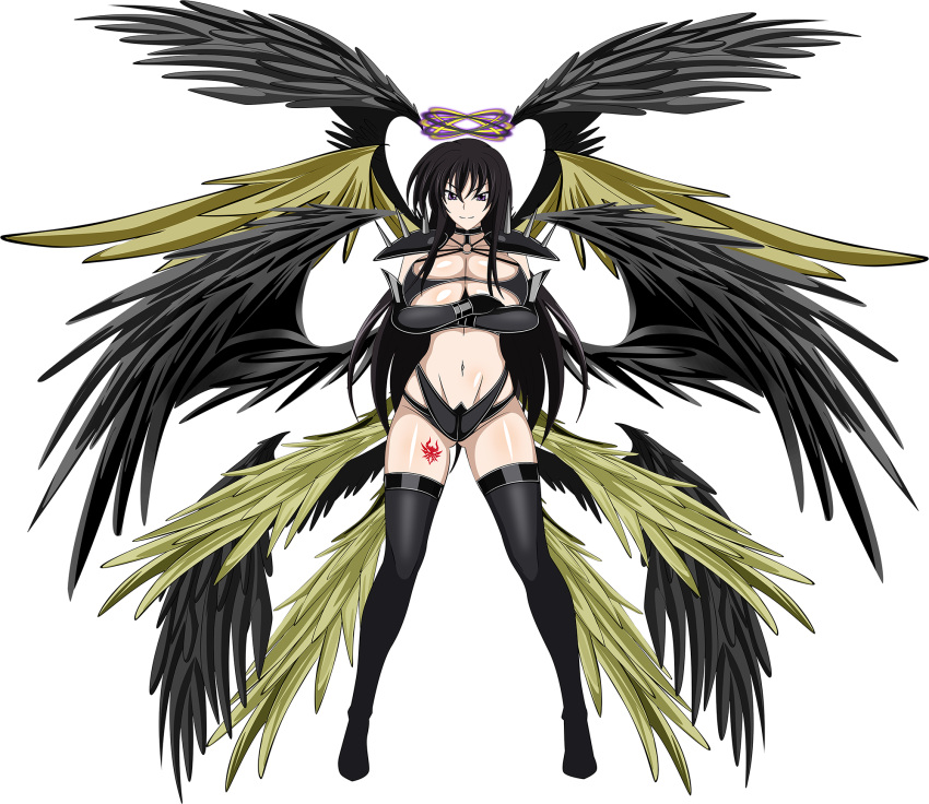 angel_wings black_hair black_wings breasts chinese_commentary cleavage commentary feathered_wings female full_body gloves golden_wings halo high_school_dxd highres large_breasts large_wings leg_wings long_hair looking_at_viewer low_wings multiple_wings navel panties raynare seraph shoulder_pads smile solo spread_wings underwear wings wrist_wings yxyyxy