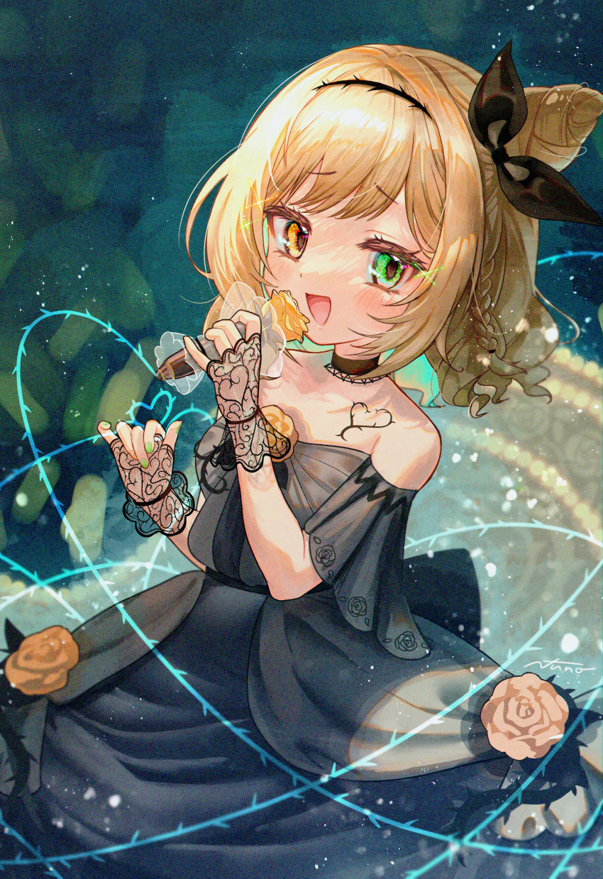 :d absurdres bare_shoulders blonde_hair braid choker dress female fingerless_gloves fishnet_gloves fishnets flat_chest flower french_braid gloves green_eyes hair_bun heterochromia highres ibara_muan indie_virtual_youtuber medium_hair microphone plant rose single_hair_bun smile solo thorns vines virtual_youtuber yellow_eyes yukinuno