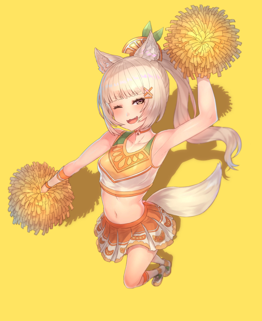 :3 ;d animal_ear_fluff animal_ears ashes bad_id bad_pixiv_id bare_arms bare_shoulders blunt_bangs blurry cheerleader choker crop_top depth_of_field dog_ears dog_girl dog_tail female foreshortening from_above hair_ornament hairclip high_ponytail highres king's_raid light_brown_hair long_hair looking_at_viewer midriff miniskirt navel no_bra oerba_yun_fang one_eye_closed open_mouth orange_shirt pleated_skirt pom_pom_(cheerleading) requina shirt simple_background skin_tight skirt smile solo tail two-tone_shirt white_skirt x_hair_ornament yellow_background yu_mochi_(kamiinu)