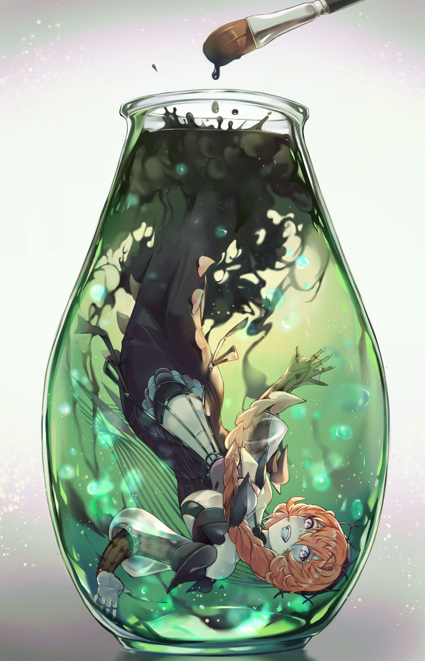 blue_eyes blue_skin bottle braid brown_hair colored_skin commentary dress fate/grand_order fate_(series) female highres in_bottle in_container ink long_dress mentaikopan paintbrush solo upside-down van_gogh_(fate) van_gogh_(second_ascension)_(fate)