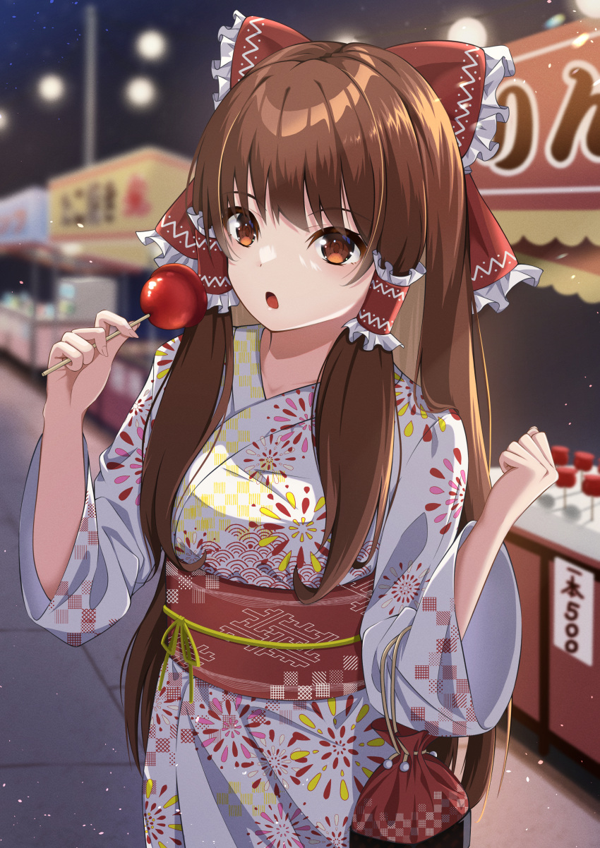 absurdres blurry blurry_background bow brown_eyes brown_hair candy commentary_request concrete cowboy_shot curled_fingers female fireworks_print food food_stand frills hair_ornament hair_tubes hakurei_reimu highres holding japanese_clothes kimono kinchaku long_bangs long_hair long_sleeves mira_bluesky3 night open_mouth outdoors pouch sash sayagata seigaiha solo sparkle standing summer_festival touhou wide_sleeves yukata