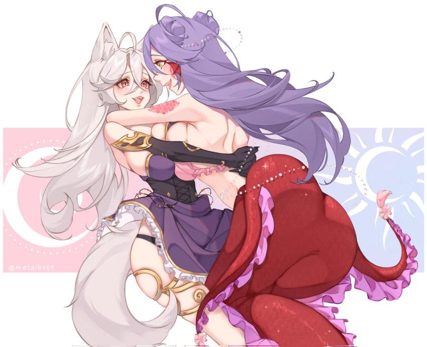 2girls animal_ear_fluff animal_ears ass asymmetrical_docking bikini black_panties breast_press breasts commission double_bun dress english_commentary fins fox_ears fox_girl fox_tail frills grey_hair hair_between_eyes hair_bun head_fins highres hug large_breasts long_hair medium_breasts mermaid metalkrot monster_girl multiple_girls open_mouth original panties pink_bikini pink_eyes purple_dress purple_hair scales skindentation smile swimsuit tail underbust underwear yellow_eyes yuri