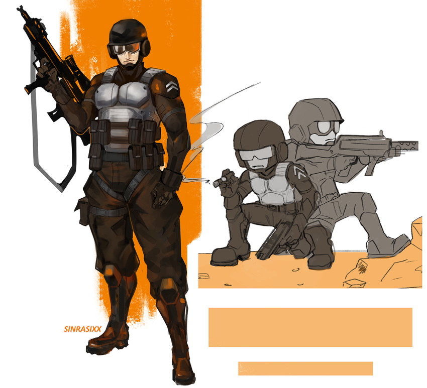 3boys armor assault_rifle boots cigar combat_boots english_commentary full_body gun handgun helmet john_captain male_focus military multiple_boys newgrounds outdoors rifle sinrasixx standing steve_(tankmen) tankman_(newgrounds) tankmen weapon