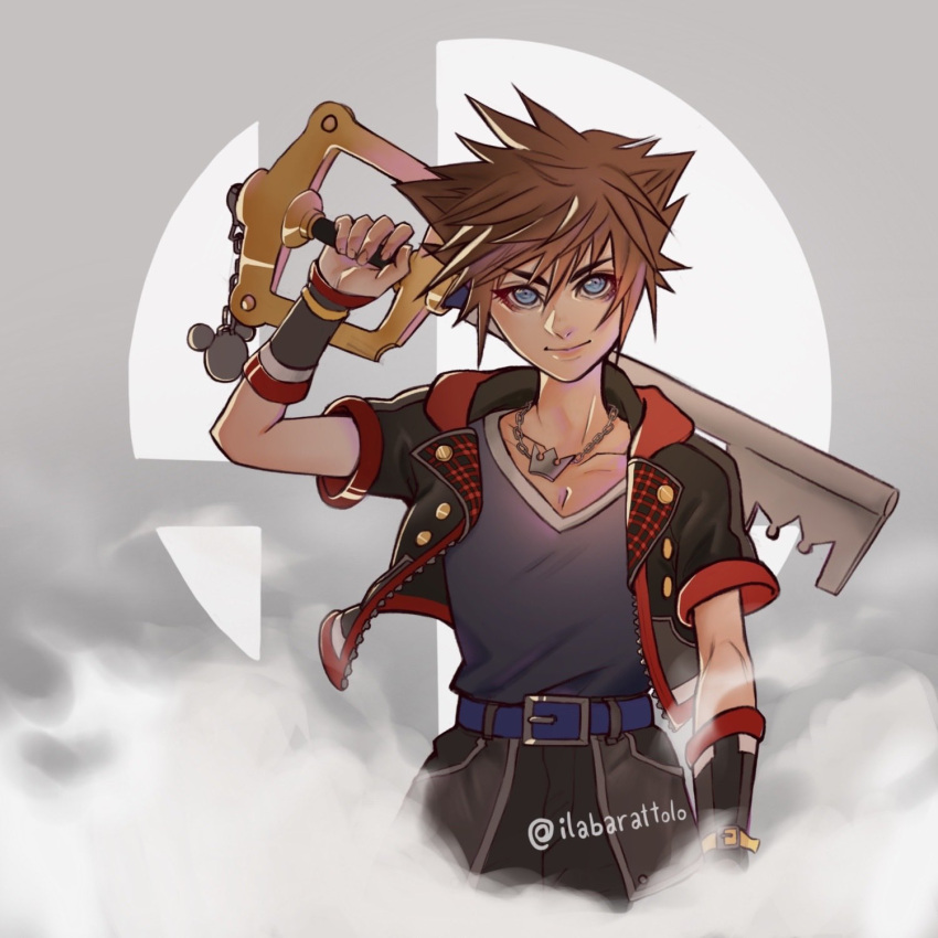 1boy blue_eyes brown_hair commentary fingerless_gloves fire gloves highres ilabarattolo jewelry keyblade kingdom_hearts kingdom_hearts_iii kingdom_key male_focus necklace short_hair smile solo sora_(kingdom_hearts) spiked_hair super_smash_bros.