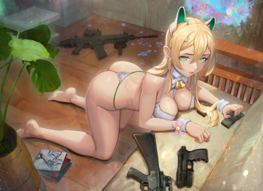 animal_ears arm_support ass barefoot bell bikini blonde_hair breasts cleavage couch earrings fake_animal_ears feet female full_body goddess_of_victory:_nikke green_eyes gun hair_between_eyes handgun indoors jewelry jingle_bell kneeling large_breasts legs lips long_hair looking_at_viewer magazine_(weapon) nail_polish neck_bell panties red_lips ribbon rupee_(nikke) rupee_(winter_shopper)_(nikke) sidelocks soles solo string_panties swimsuit thong_bikini toes underwear weapon white_bikini wrist_cuffs wrist_ribbon yugen99