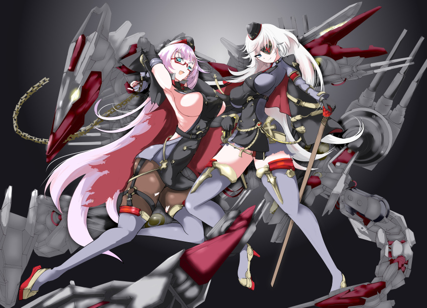 2girls absurdres armpits azur_lane backless_outfit black_background black_gloves black_headwear blue_eyes boots bound bound_wrists breasts brown_pantyhose buttons cannon chains clothing_cutout commentary cuffs double-breasted dress elbow_gloves eyepatch fingerless_gloves fingernails full_body garrison_cap glasses gloves gneisenau_(azur_lane) gneisenau_(meta)_(azur_lane) gradient_background grey_background hat high_heels highres impossible_clothes large_breasts long_hair looking_at_viewer machinery medium_breasts microdress multiple_girls nail_polish non-humanoid_robot o-ring o-ring_legwear one_eye_covered open_mouth pantyhose presenting_armpit purple_footwear red-framed_eyewear red_nails rigging robot robot_animal sansei scharnhorst_(azur_lane) scharnhorst_(meta)_(azur_lane) semi-rimless_eyewear sharp_fingernails side_cutout sideboob simple_background skindentation standing thigh_boots thighhighs thighs turret very_long_hair weapon white_hair