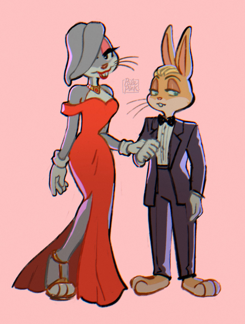 anthro barefoot black_tie_(suit) bow_tie breasts buckteeth bugs_bunny chromatic_aberration clothing curvy_figure duo evening_gown eyelashes eyeshadow feet female footwear formal_wear ftm_crossgender gloves green_eyes half-closed_eyes handwear hi_res high_heels jewelry lagomorph leporid lipstick lola_bunny looking_at_viewer looney_tunes makeup male mammal mtf_crossgender narrowed_eyes necklace pale_pink_(artist) pink_background rabbit rule_63 shoes simple_background slit_dress smile suit teeth warner_brothers whiskers wide_hips