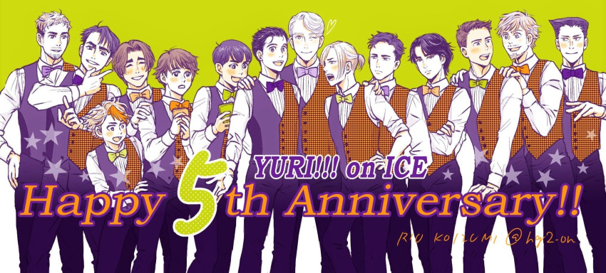 6+boys :d ;) anniversary artist_name black_hair blonde_hair blush bow bowtie brown_hair cellphone christophe_giacometti collared_shirt commentary_request copyright_name emil_nekola formal georgi_popovich green_background hand_on_another's_shoulder hands_on_another's_shoulders highres it's_j.j._style! jean-jacques_leroy ji_guang-hong katsuki_yuuri koizumi_riu lee_seung-gil leo_de_la_iglesia limited_palette male_focus michele_crispino minami_kenjirou multiple_boys one_eye_closed open_mouth otabek_altin phichit_chulanont phone shirt smartphone smile twitter_username viktor_nikiforov waistcoat yuri!!!_on_ice yuri_plisetsky