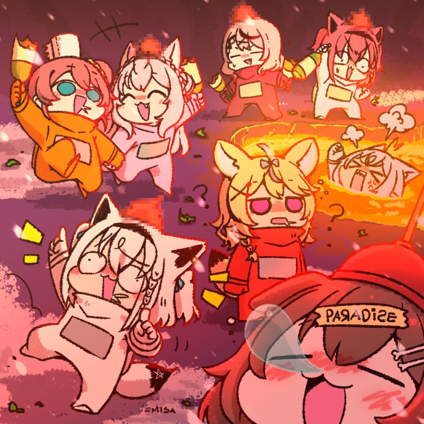 6+girls ? ahoge among_us anger_vein animal_ears black_hair blonde_hair blue_eyes blush bottle braid braided_bun braided_ponytail broken_bottle cat_ears clenched_hand closed_eyes crewmate_(among_us) crown_braid dog_ears dog_girl drunk dual_wielding fox_ears fox_girl fox_tail grey_hair hair_between_eyes hair_bun hair_ornament hairband hairclip hakui_koyori heart heart_ahoge highres holding hololive inugami_korone jpeg_artifacts lava long_hair medium_hair multicolored_hair multiple_girls natsuiro_matsuri nose_bubble object_on_head omaru_polka one_side_up orange_(among_us) pentagram pink_(among_us) pink_hair plunger plunger_on_head pointing pointing_up purple_(among_us) purple_eyes red_(among_us) sakamata_chloe sakura_miko shirakami_fubuki sleeping streaked_hair tail toilet_paper twintails virtual_youtuber wakatsuki_misato white_(among_us) white_hair wolf_ears wolf_tail yukihana_lamy