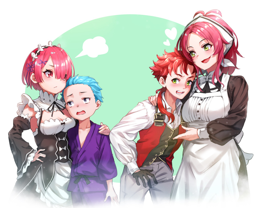 2boys 2girls absurdres aisha_greyrat ars_greyrat aunt_and_nephew black_gloves blue_hair breasts cleavage collarbone commission crossover detached_sleeves gloves green_eyes hair_over_one_eye highres long_hair long_sleeves looking_at_another m.tokotsu maid maid_headdress multiple_boys multiple_girls mushoku_tensei natsuki_rigel open_mouth pink_hair pixiv_commission ram_(re:zero) re:zero_kara_hajimeru_isekai_seikatsu red_hair roswaal_mansion_maid_uniform short_hair smile teeth wide_sleeves