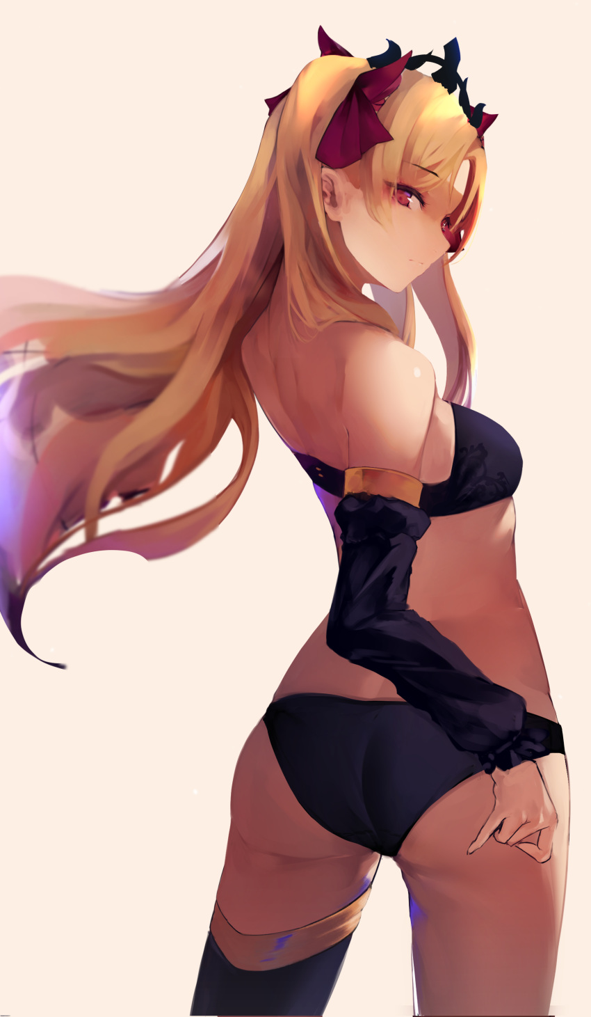 absurdres ass back black_bra black_panties black_thighhighs blonde_hair bow bra breasts closed_mouth detached_sleeves ereshkigal_(fate) fate/grand_order fate_(series) female hairbow highres long_hair looking_at_viewer looking_back medium_breasts panties parted_bangs red_bow simple_background single_sleeve single_thighhigh solo thighhighs tiara two_side_up underwear vantsuki