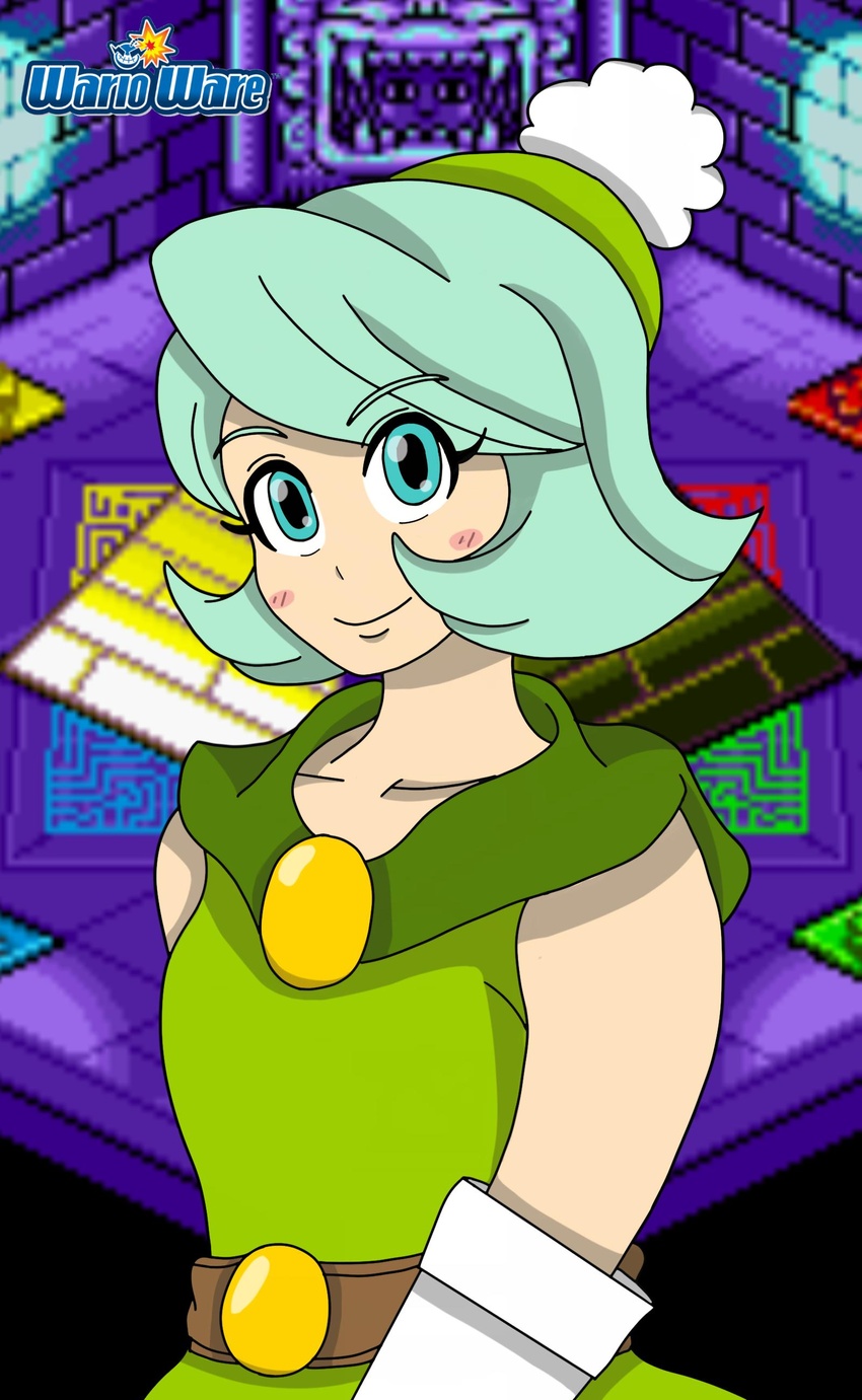 absurdres aqua_eyes aqua_hair blush_stickers collarbone commentary_request copyright_name dress elbow_gloves female gloves green_dress green_hat hat highres jmaster1114 korean_commentary logo looking_at_viewer queen_merelda short_hair solo wario_land wario_land:_shake_it! white_gloves