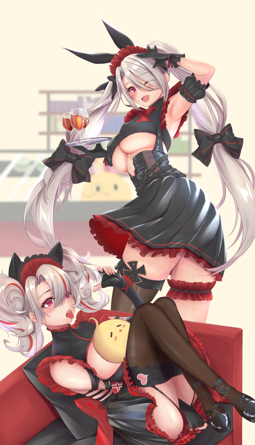 2girls absurdres adapted_costume alternate_costume animal_ears armpits ass asymmetrical_legwear azur_lane black_dress black_footwear black_garter_straps black_gloves black_thighhighs blush breasts cleavage clothing_cutout commentary cross dress fake_animal_ears fingerless_gloves frilled_straps full_body garter_straps gloves high_heels highres holding holding_tray huge_breasts iron_cross large_breasts long_hair looking_at_viewer manjuu_(azur_lane) multicolored_hair multiple_girls official_alternate_costume prinz_adalbert_(after-hours_service)_(azur_lane) prinz_adalbert_(azur_lane) prinz_heinrich_(azur_lane) red_dress red_eyes red_hair single_thighhigh spekkio36 standing streaked_hair symbol-only_commentary thigh_strap thighhighs tray two-tone_dress two-tone_hair underboob underboob_cutout very_long_hair white_hair