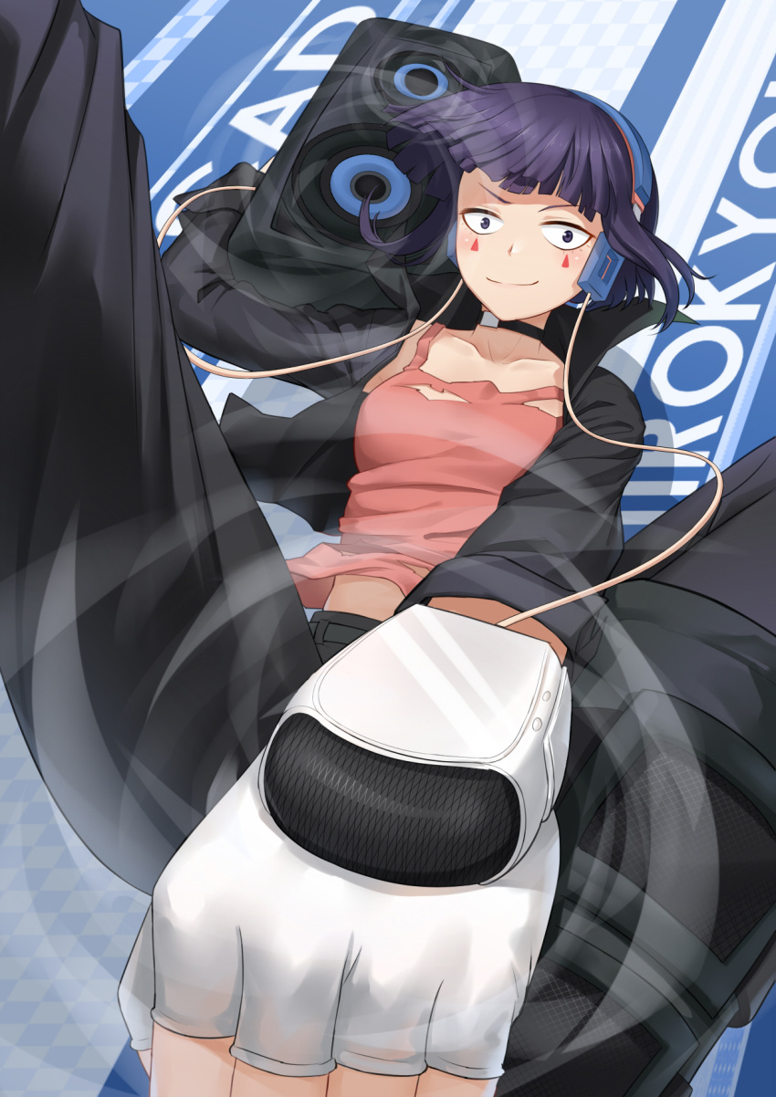 anarchojs black_hair black_jacket black_pants boku_no_hero_academia breasts carrying commentary_request facial_mark female fingerless_gloves foreshortening from_below gloves highres holding jacket jirou_kyouka looking_at_viewer music_box pants pink_shirt purple_hair shirt short_hair shoulder_carry small_breasts smile solo sound_wave speaker spread_legs torn_clothes torn_shirt white_gloves