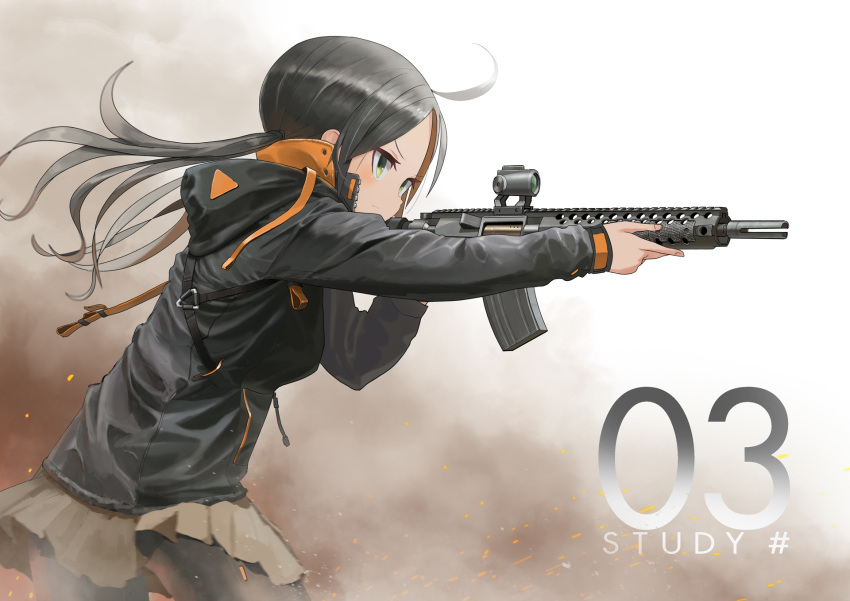 ahoge aiming ar-15 assault_rifle autism_wanderer bad_id bad_pixiv_id black_hair commentary dust english_commentary female green_eyes gun highres holding holding_gun holding_weapon jacket original ponytail rifle solo weapon