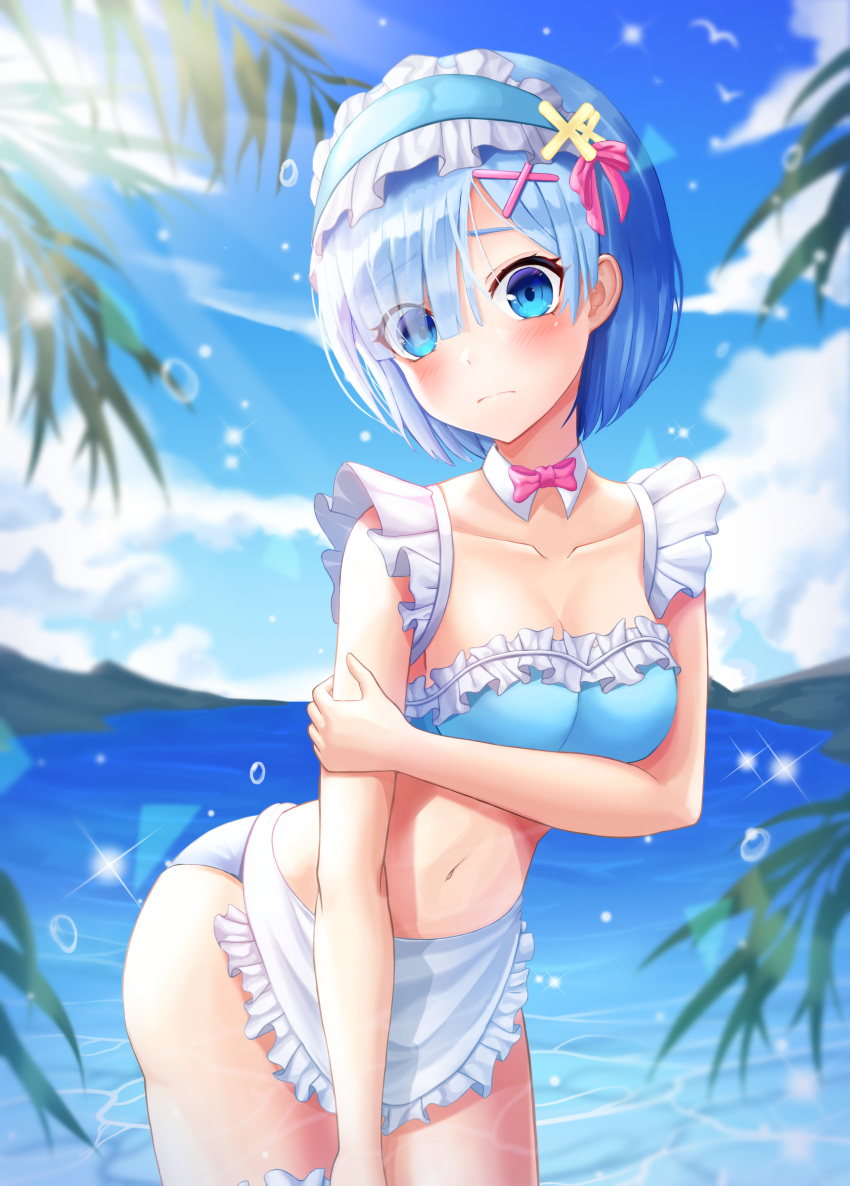 absurdres apron bikini blue_bikini blue_eyes blue_hair blurry blurry_background blush bow bowtie breasts cleavage closed_mouth collarbone commentary_request contrapposto day detached_collar eyes_visible_through_hair female frilled_apron frilled_hairband frills hair_between_eyes hair_ornament hair_ribbon hairband highres looking_at_viewer medium_breasts navel ocean outdoors pink_bow pink_bowtie pink_ribbon re:zero_kara_hajimeru_isekai_seikatsu rem_(re:zero) ribbon ryon_y0421 short_hair solo sparkle standing strapless strapless_bikini swimsuit waist_apron white_apron wing_collar x_hair_ornament