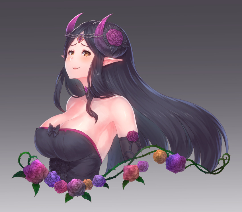 armpits bad_id bad_pixiv_id bare_shoulders black_hair blush breasts choker cleavage collarbone cropped_torso demon_girl demon_horns elbow_gloves eyelashes female flower forehead_jewel from_side gloves gradient_background grey_background hair_flower hair_ornament highres horns impossible_clothes impossible_shirt king's_raid large_breasts long_hair looking_at_viewer pointy_ears shamilla shirt sidelocks smile solo straight_hair strapless upper_body yellow_eyes yu_mochi_(kamiinu)