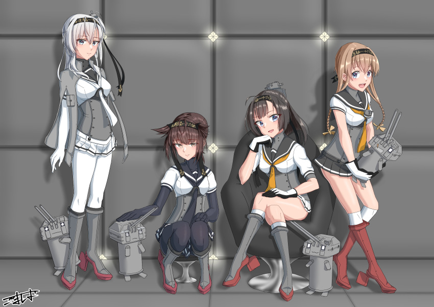 4girls 4others absurdres ahoge akizuki_(kancolle) anchor_symbol black_bodysuit black_gloves black_hair black_headband black_neckerchief black_sailor_collar black_skirt blue_eyes bodysuit braid brown_hair chair chou-10cm-hou-chan chou-10cm-hou-chan_(hatsuzuki's) chou-10cm-hou-chan_(suzutsuki's) chou-10cm-hou-chan_(teruzuki's) clothes_writing commentary_request corset full_body gloves gomashio_(gomasio8012) grey_eyes grey_jacket hachimaki hair_flaps hair_ornament hairband hatsuzuki_(kancolle) headband highres jacket jacket_on_shoulders kantai_collection light_brown_hair long_hair multiple_girls multiple_others neckerchief one_side_up pleated_skirt ponytail propeller_hair_ornament sailor_collar school_uniform serafuku short_hair signature sitting skirt standing suzutsuki_(kancolle) teruzuki_(kancolle) twin_braids white_bodysuit white_hair white_headband white_neckerchief white_skirt yellow_eyes yellow_neckerchief