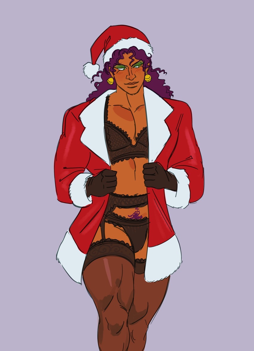 alien_bottle battle_tendency carpet_matching_drapes eyeshadow festive jojo's_bizarre_adventure kars lingerie long_hair male_focus muscular pillarmen purple_hair solo_male stockings thick_thighs