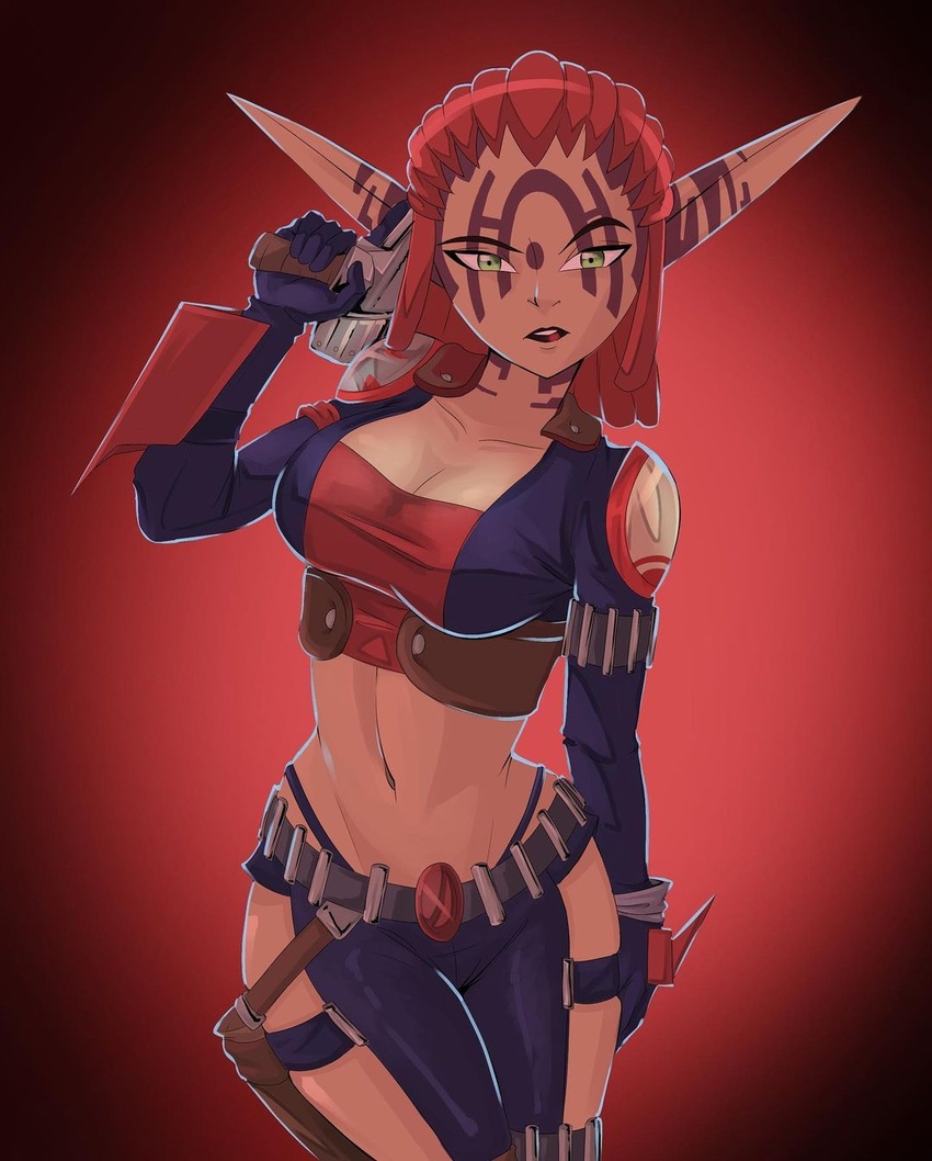 1girls alllex_goodwin ashelin_praxis big_breasts breasts curvaceous curvy curvy_female curvy_figure dreadlocks elf_ears face_tattoo female female_focus female_only green_eyes gun hourglass_figure jak_and_daxter looking_at_viewer midriff navel pointy_ears pose red_hair skimpy skimpy_clothes solo solo_female solo_focus tattoo tattoos thong thong_above_pants thong_straps visible_underwear wide_hips