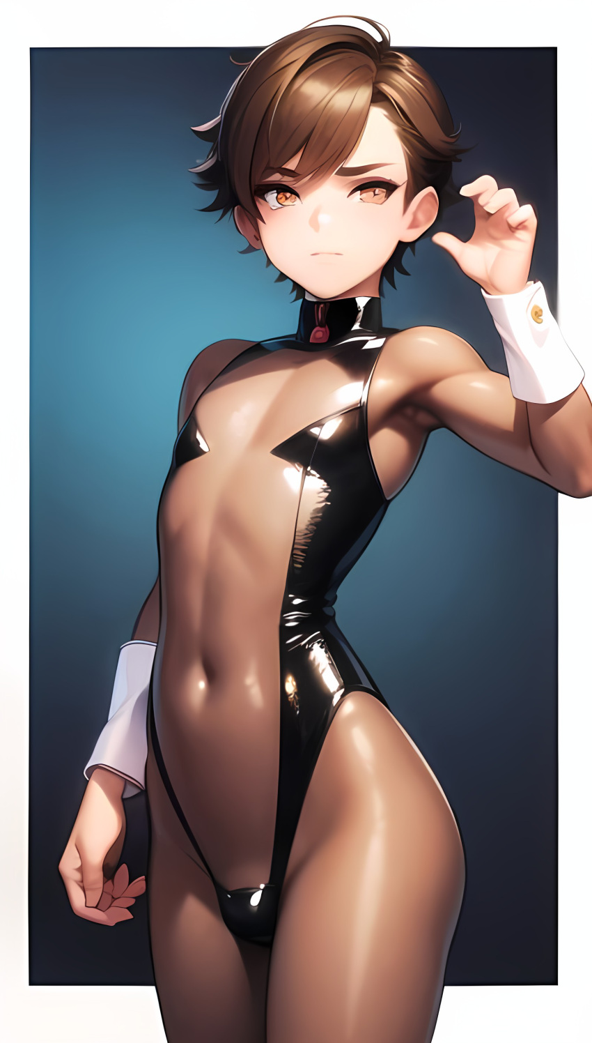 1boy ai_generated anime_nose black_bunnysuit brown_eyes brown_hair bulge bunnysuit femboy human male male_only no_visible_genitalia otoko_no_ko penis_bulge shaved_crotch short_hair smooth_skinned_male trap yaoi