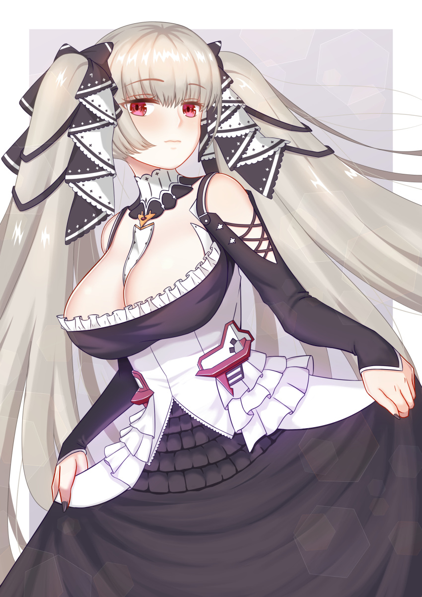 absurdres azur_lane breasts cleavage commentary detached_sleeves eyes_visible_through_hair female formidable_(azur_lane) frills grey_hair hair_ribbon highres large_breasts long_hair long_sleeves looking_at_viewer lunarscent maid red_eyes ribbon sidelocks simple_background skirt skirt_hold smile solo twintails two-tone_background very_long_hair