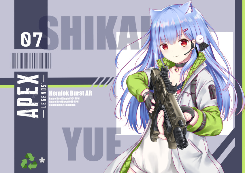 animal_ears apex_legends assault_rifle bell black_choker blue_hair cat_ears character_name choker collarbone copyright_name cosplay crypto_(apex_legends) crypto_(apex_legends)_(cosplay) female gun hair_ornament hairclip hemlok highres holding holding_gun holding_weapon jacket logo long_hair neck_bell plivyou red_eyes rifle shikai_yue smile solo tim86231 virtual_youtuber weapon white_jacket