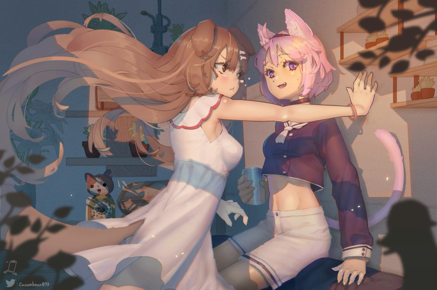 2girls :t absurdres angry animal_ears blush bone_hair_ornament brown_hair cat_ears cat_girl cat_tail character_doll cowboy_shot cucumbear073 dog_ears dog_girl dog_tail dress from_side hair_ornament highres hololive indoors inugami_korone inugami_korone_(1st_costume) jibanyan kabedon long_hair looking_at_another multiple_girls nekomata_okayu nekomata_okayu_(casual) oerba_yun_fang pout purple_hair sailor_collar sailor_shirt shirt shorts sideways_glance sitting tail tearing_up twitter_logo virtual_youtuber white_dress white_shorts youkai_watch